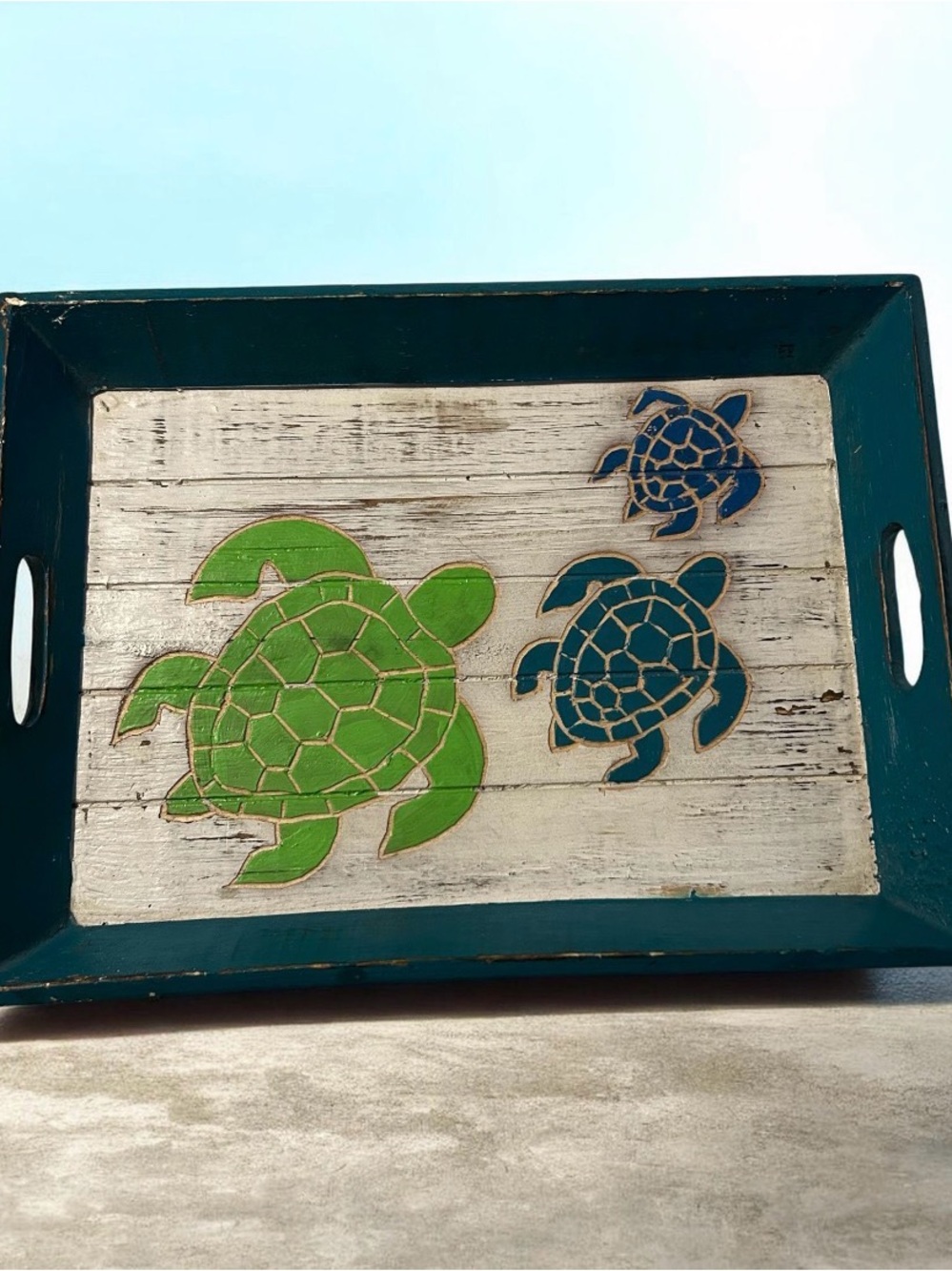 Sea Turtle Wood Serving Tray Coastal Beach House Teal Green Distressed Handles